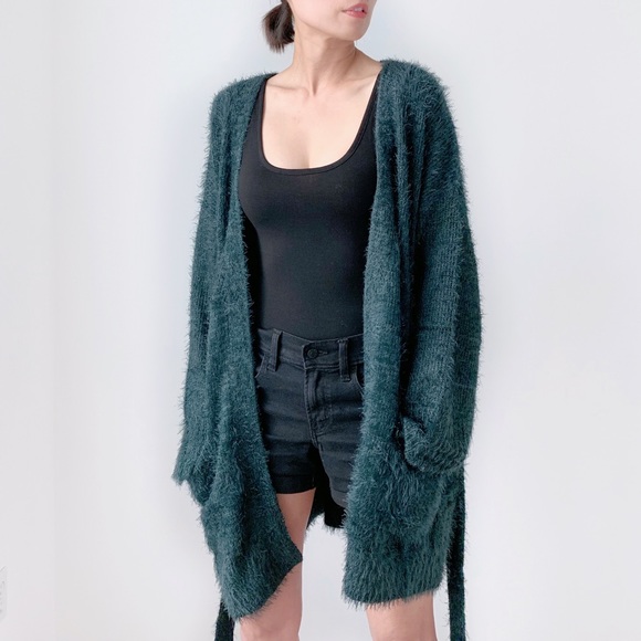 GREEN BRUSHED SELF TIE SWEATER CARDIGAN - Picture 2 of 8